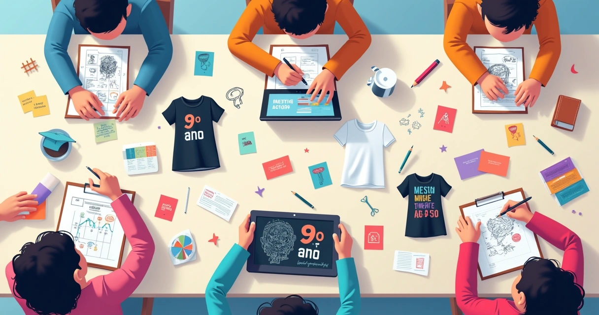 Mesa cheia de rascunhos e amostras de camiseta do nono ano com estampas criativas