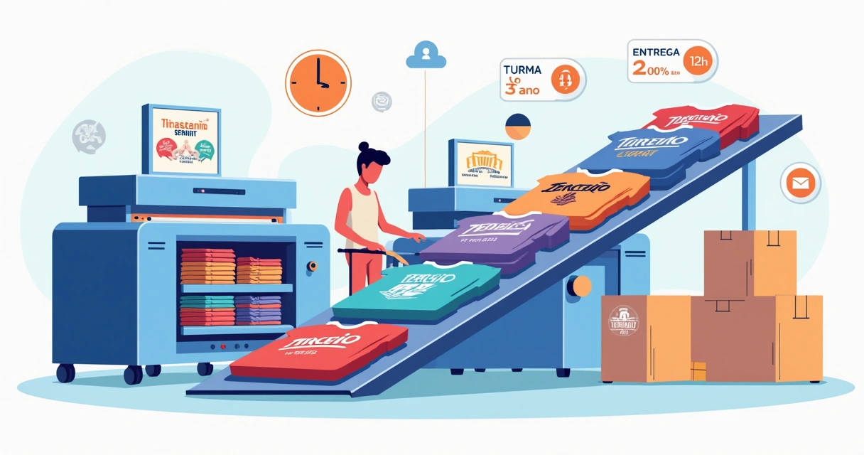 Ilustração de camisetas terceirão em produção em atacado com esteiras e várias estampas coloridas