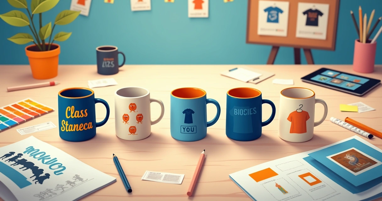 Canecas do terceirão personalizadas em mesa criativa com materiais de arte ao redor