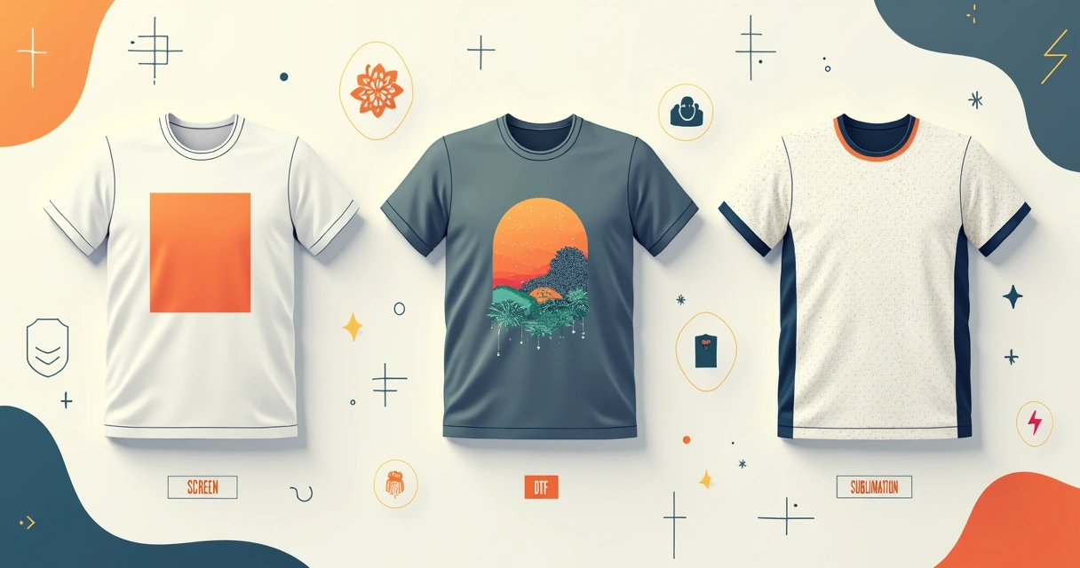 Comparação de técnicas de estampa em diferentes tipos de camiseta sobre mesa