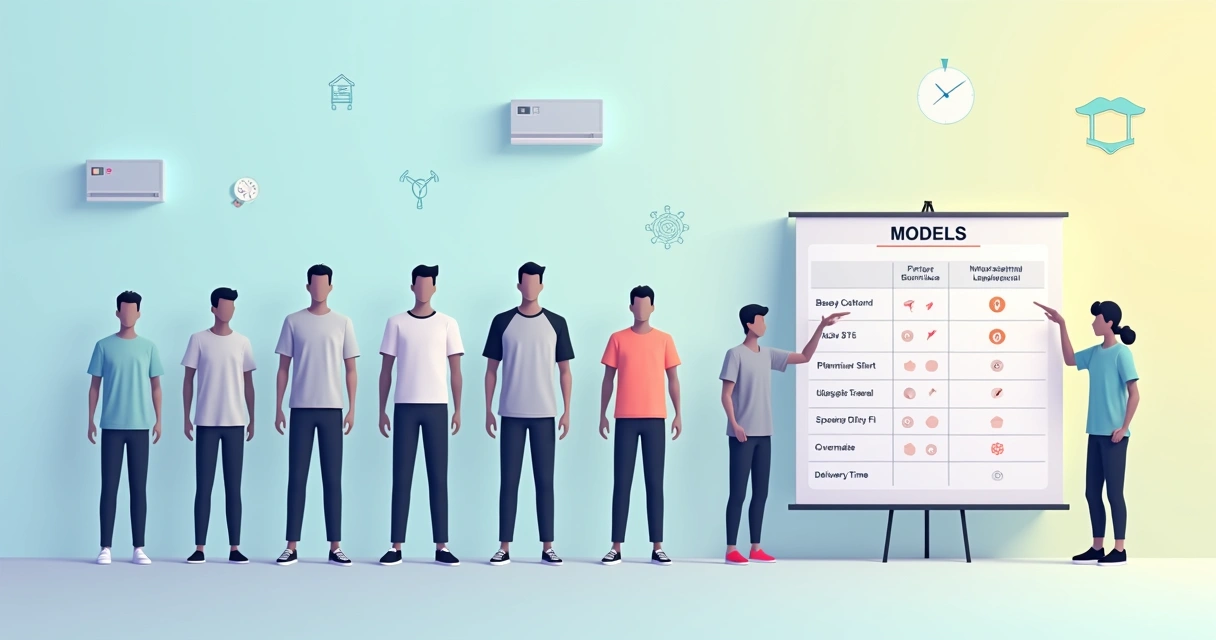 Ilustração comparativa de diferentes modelos de camiseta do terceirão com tabela de preços ao lado