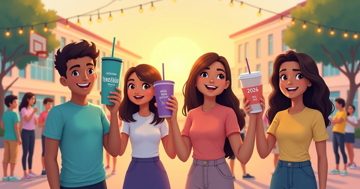 Turma do terceirão segurando copos personalizados coloridos em ambiente escolar festivo