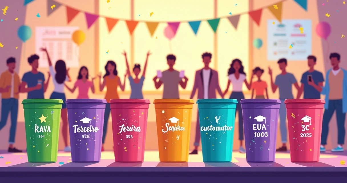 Copos personalizados do terceirão alinhados em mesa colorida em clima de festa escolar