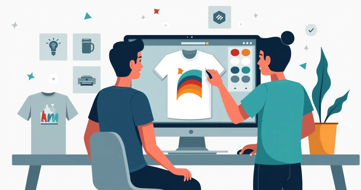 Pessoa ajustando estampa de camiseta personalizada em tela grande com ícones de etapas ao redor
