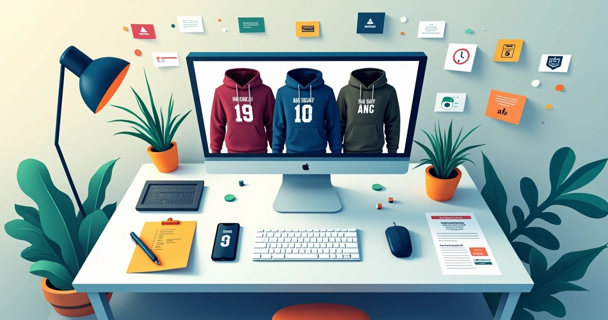 Designer organizando moodboard digital com modelos de moletom do terceirão e ícones de velocidade