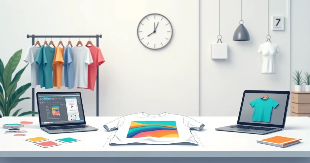 Designer ajustando arte colorida para estampa de camiseta em ambiente corporativo criativo