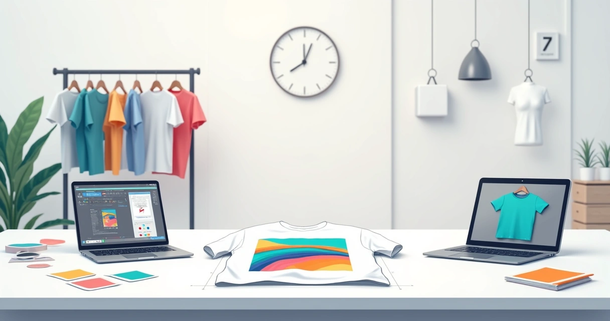 Designer ajustando arte colorida para estampa de camiseta em ambiente corporativo criativo