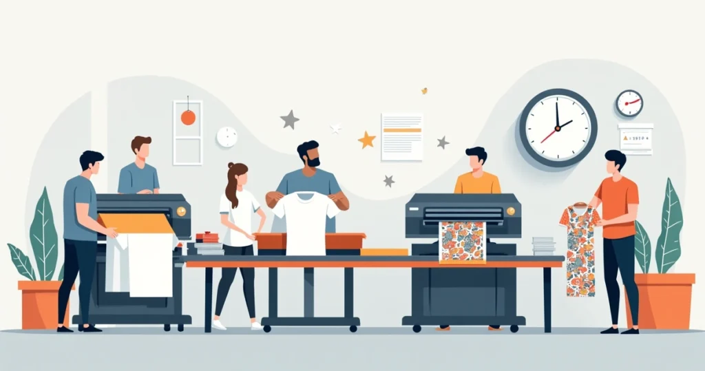 Ilustração de estamparia de camisetas com cronômetro ao lado mostrando prazo rápido