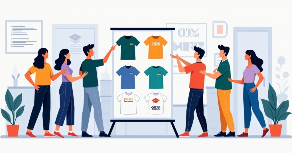 Grupo de estudantes do terceirão avaliando diferentes modelos de camiseta personalizados em ambiente escolar moderno