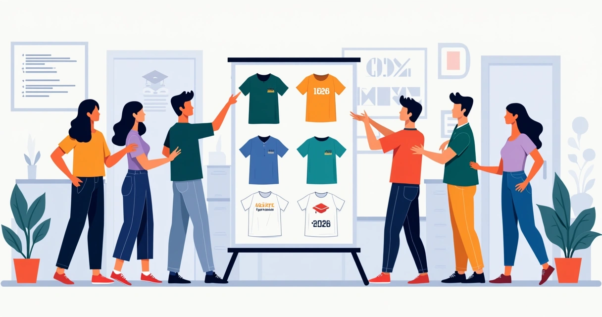 Grupo de estudantes do terceirão avaliando diferentes modelos de camiseta personalizados em ambiente escolar moderno