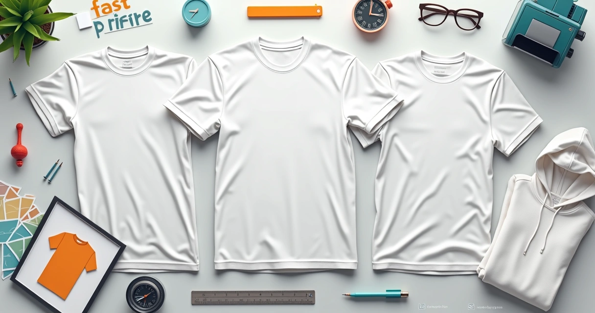 Flatlay com camisetas em branco e materiais para personalizar com agilidade
