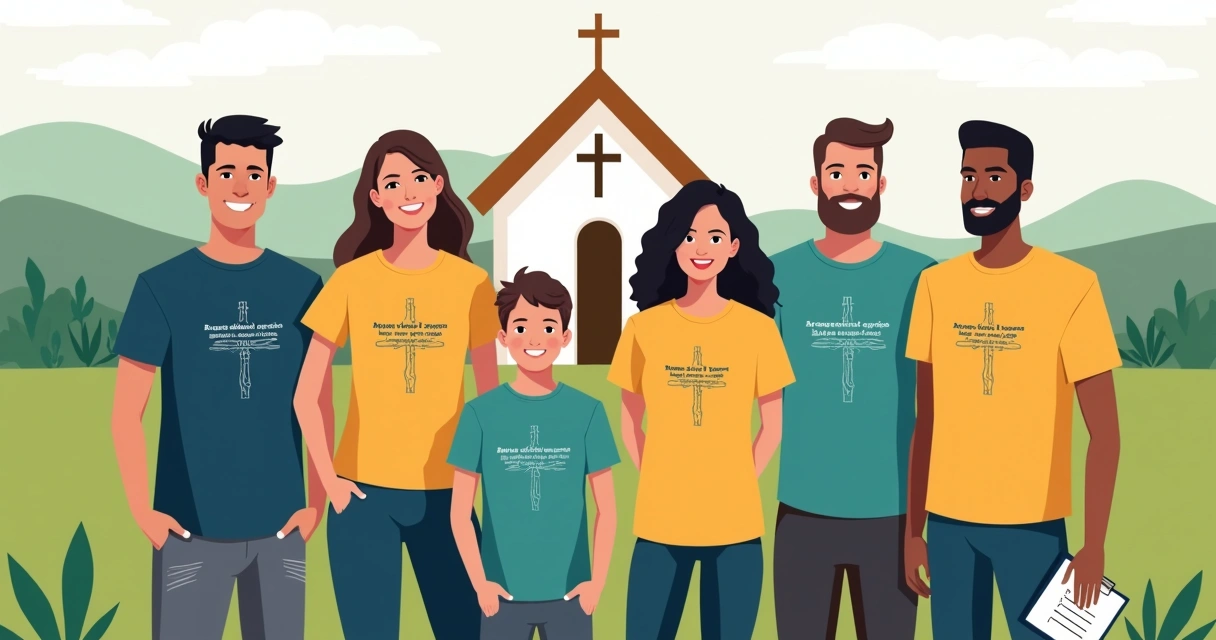 Grupo de igreja usando camisetas personalizadas iguais em um retiro