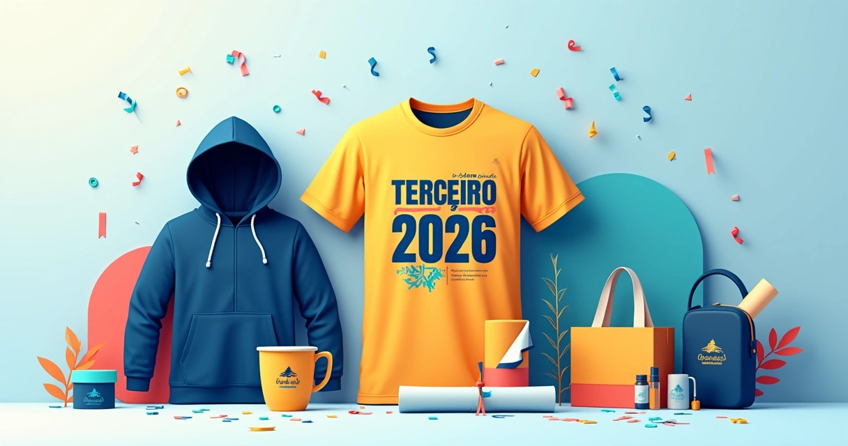Ilustração de kit completo de formatura do terceirão com camiseta personalizada e brindes sobre fundo azul