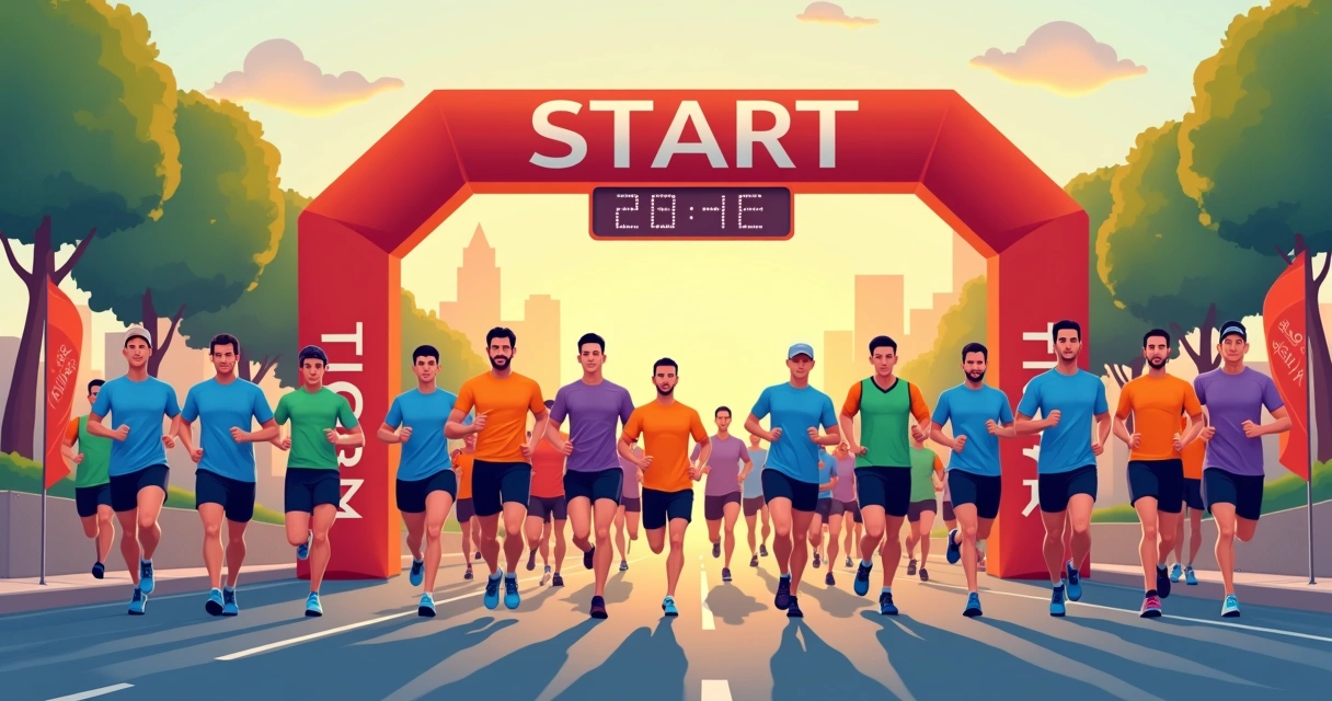 grupo de corredores em largada usando camisetas personalizadas de corrida coloridas