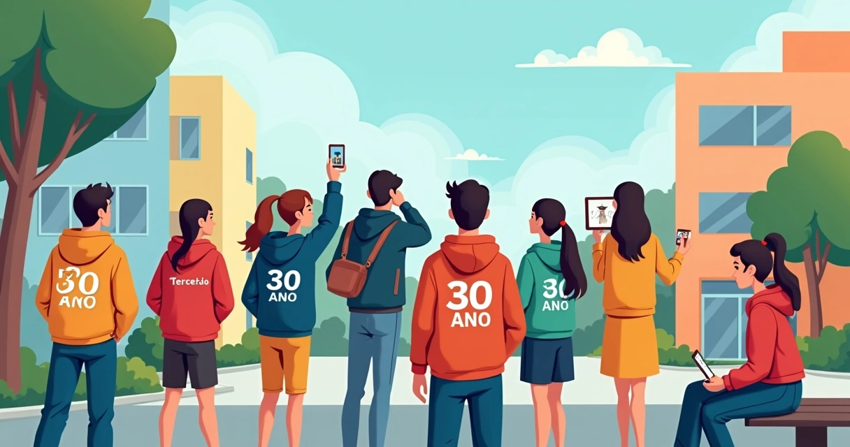 Grupo de alunos do terceirão com moletons personalizados coloridos conversando em pátio de escola