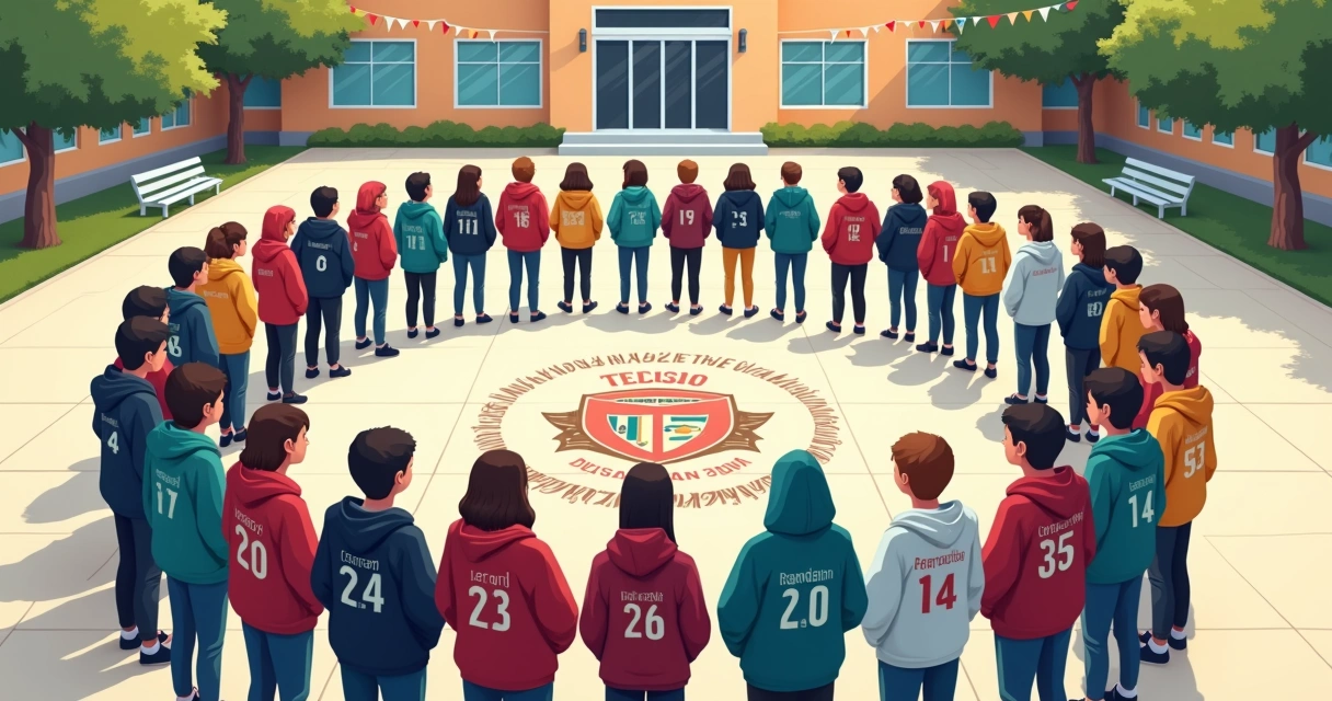 Turma reunida ao ar livre formando círculo com moletons terceirão personalizados coloridos