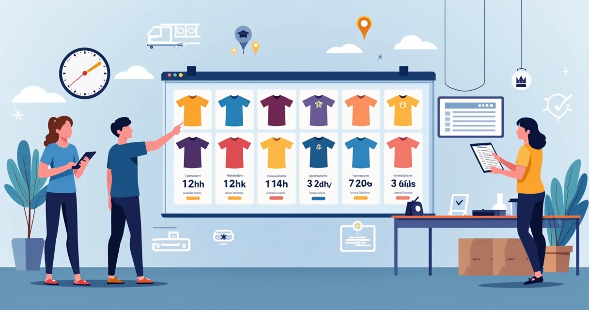 Painel digital com modelos de camisetas do terceirão e relógios destacando prazo rápido de produção