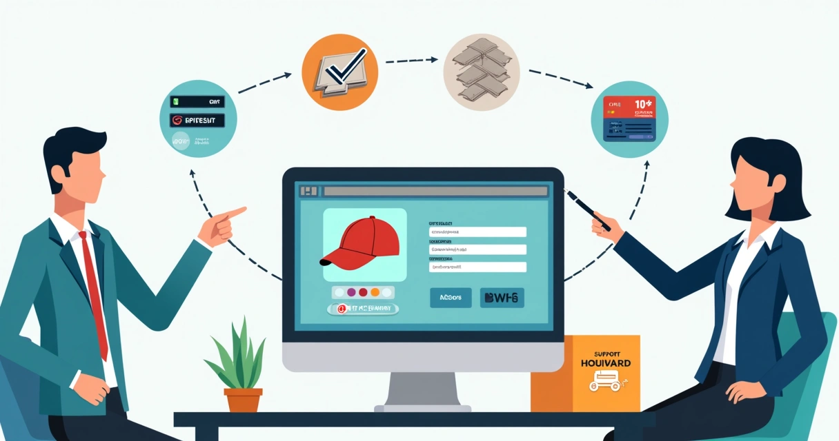 Fluxo online para pedir bonés personalizados em tela de computador