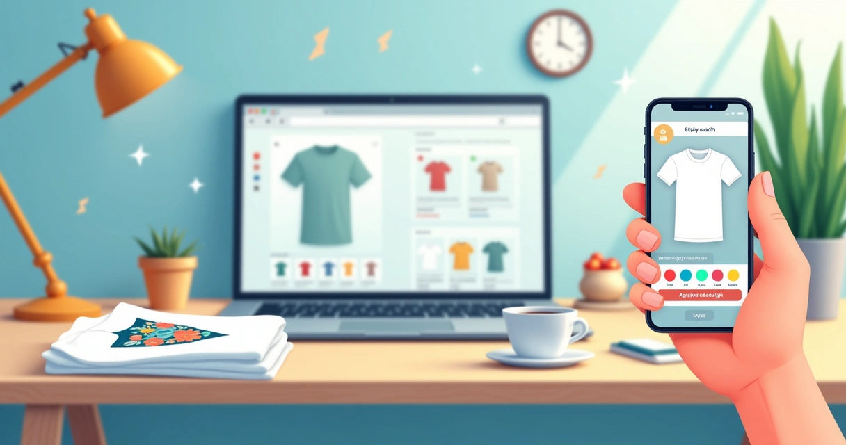 Pessoa personalizando camiseta pelo celular com aprovação de arte online na tela