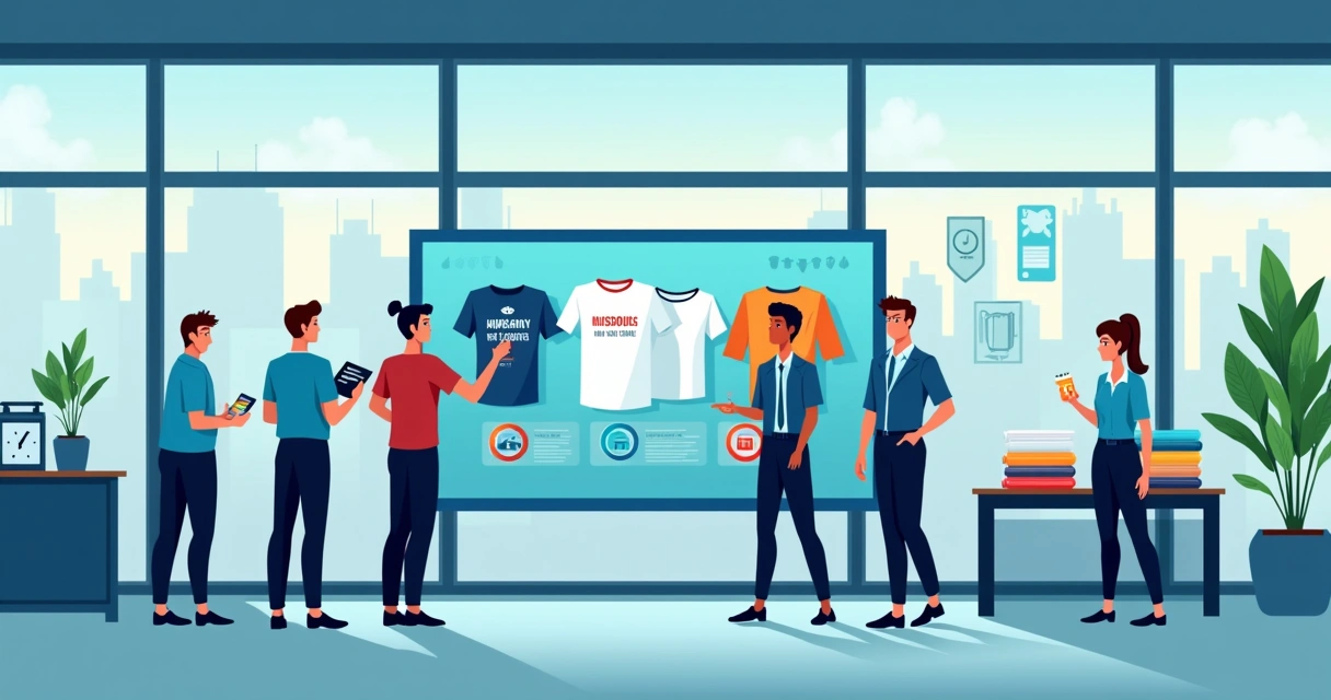 Equipe de marketing escolhendo estampas para camisetas personalizadas de evento corporativo em tela gigante