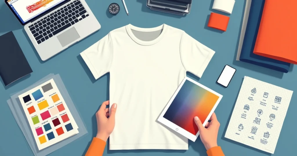 Designer avaliando materiais e técnicas para personalizar camiseta branca