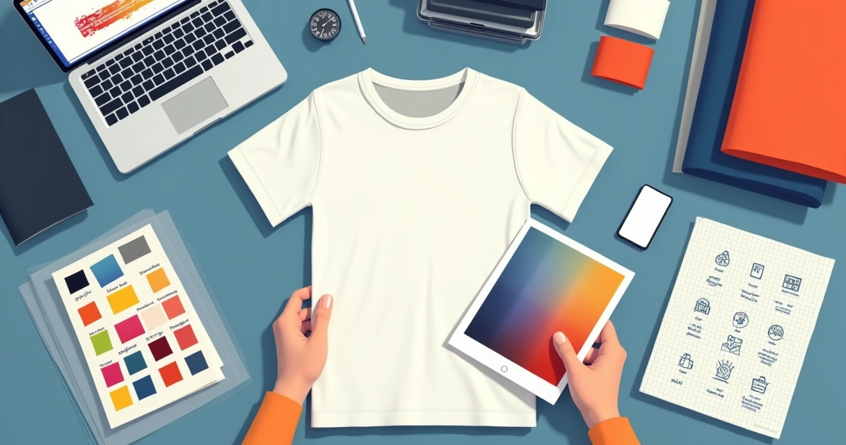 Designer avaliando materiais e técnicas para personalizar camiseta branca