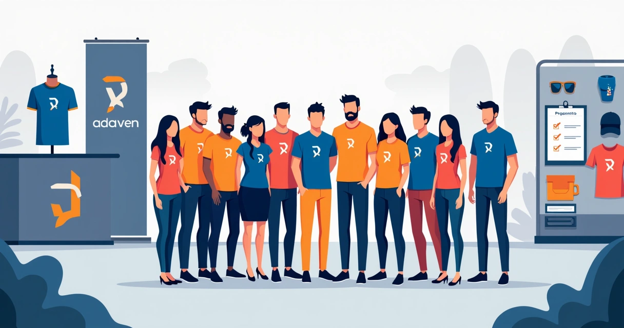 Equipe usando roupas personalizadas em evento corporativo com estande de marca