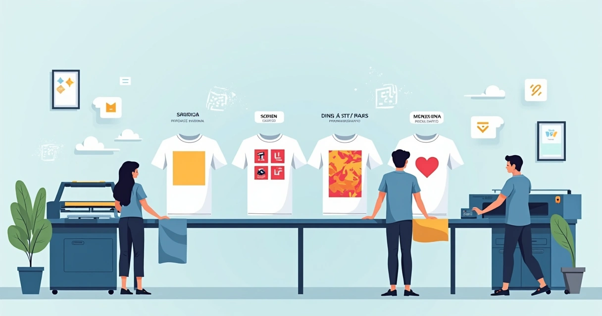 Ilustração plana mostrando várias técnicas de impressão em camisetas lado a lado