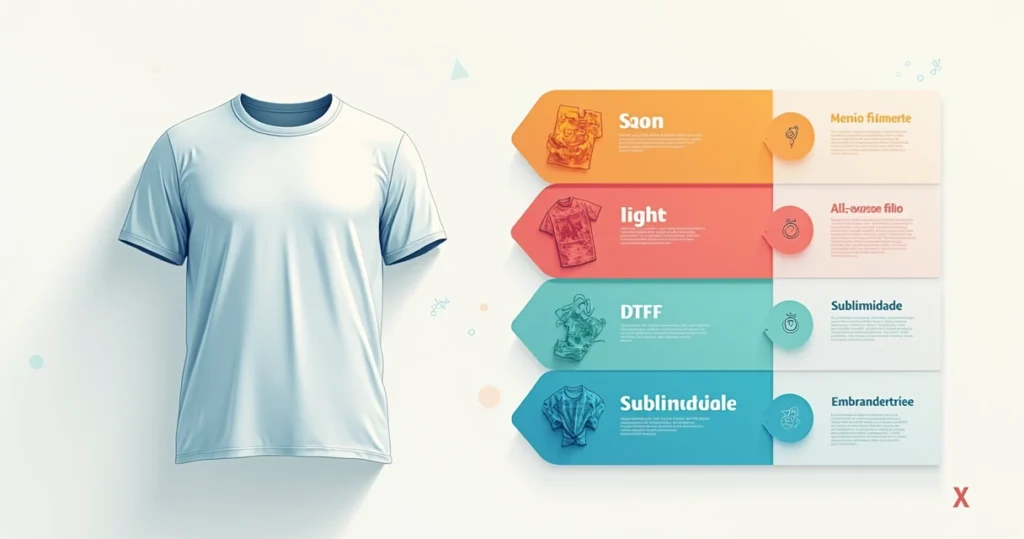 Comparação visual de tipos de estampa para camisetas em estilo guia técnico