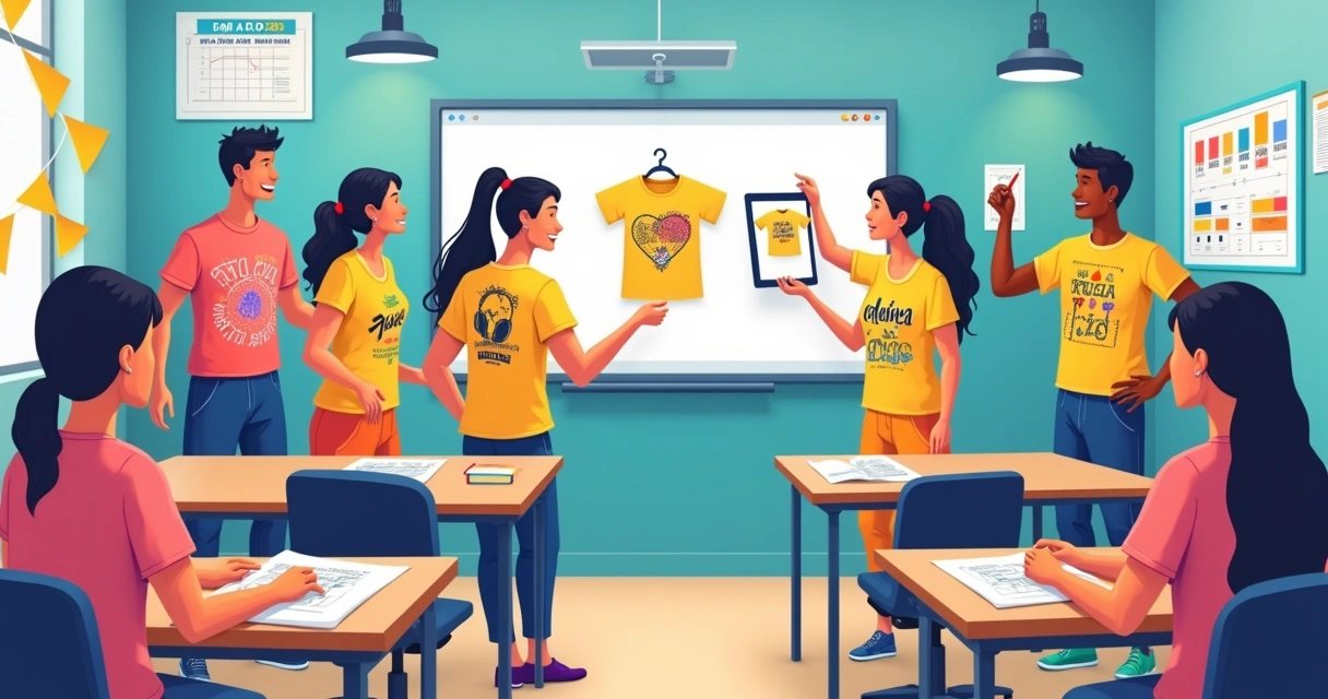 Turma do 9º ano exibindo camisetas criativas personalizadas em sala de aula moderna
