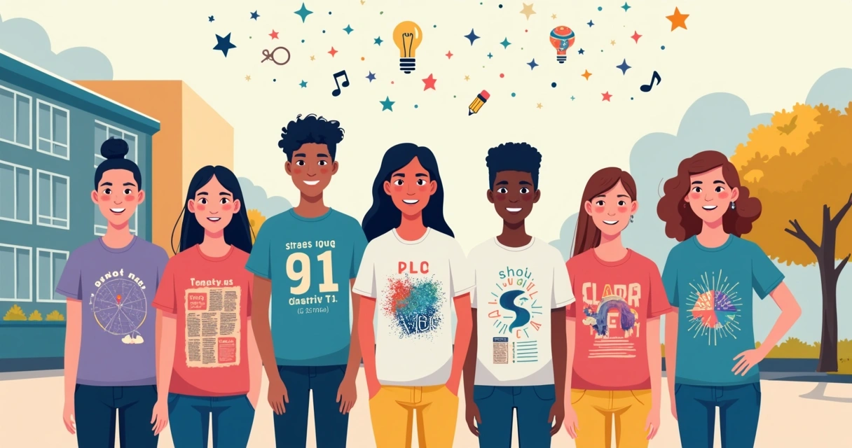 Grupo de alunos do nono ano exibindo camisetas personalizadas em estilo ilustrado