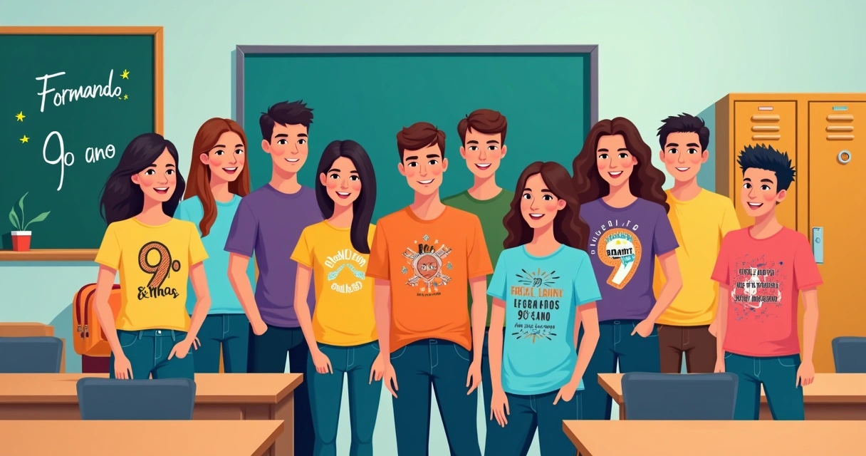 Ilustração de alunos do nono ano exibindo camisetas personalizadas criativas em sala de aula