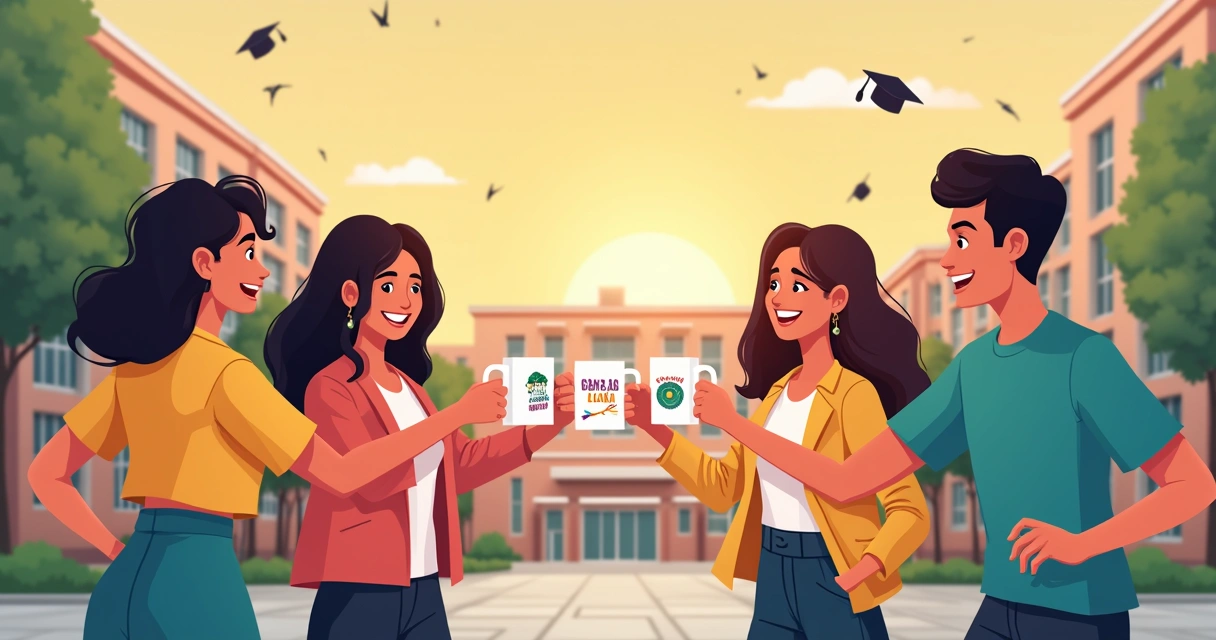 Turma do terceirão celebrando formatura ao ar livre brindando com canecas personalizadas