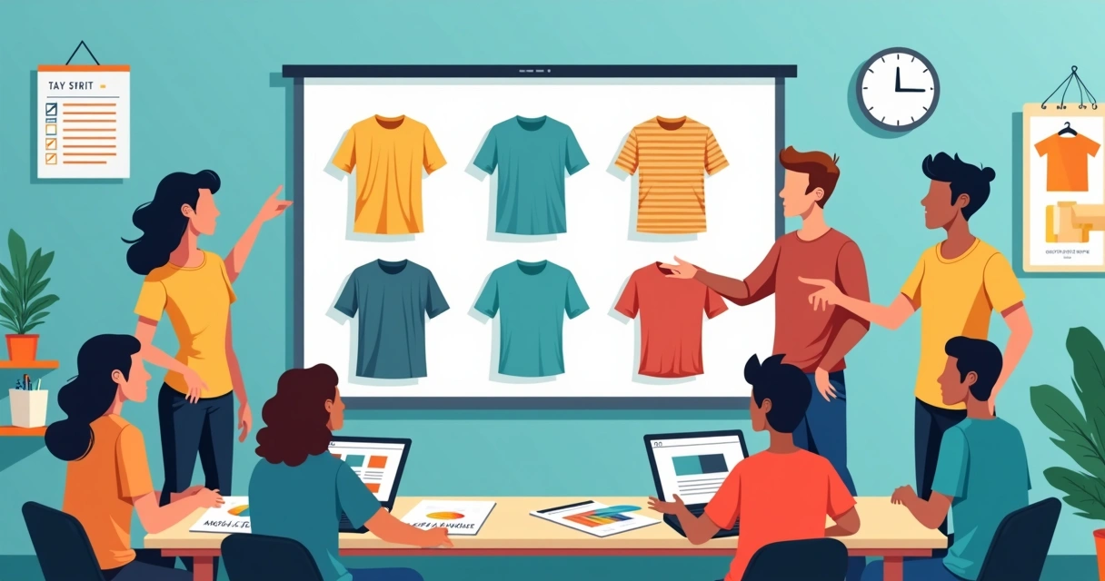 Turma do terceirão analisando modelos de camisetas personalizadas em ambiente moderno