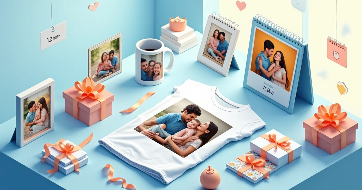 Camiseta com foto ao lado de caneca, calendário e quadros personalizados