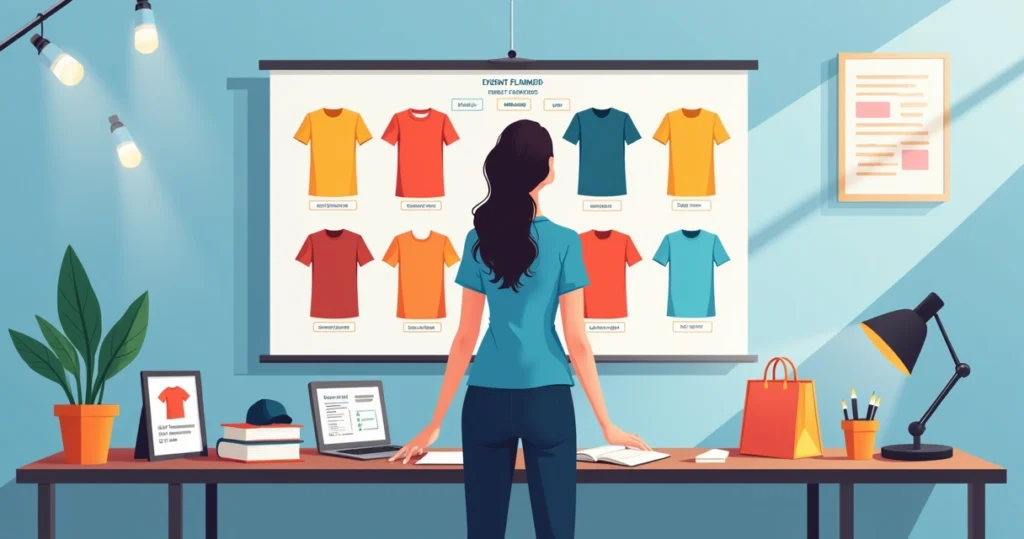 Gestor organizando escolha de camiseta personalizada para evento em quadro com amostras