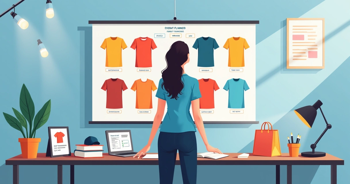 Gestor organizando escolha de camiseta personalizada para evento em quadro com amostras