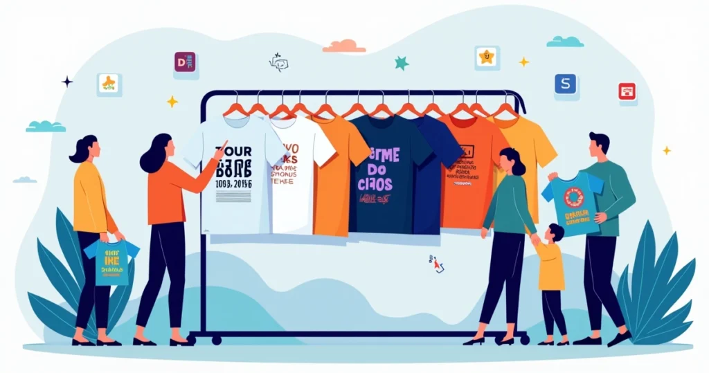 Ilustração de grupos diferentes usando camisetas personalizadas criativas com QR Codes e frases divertidas
