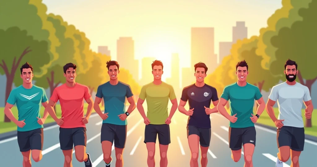 Grupo em linha de largada usando diferentes camisetas esportivas personalizadas