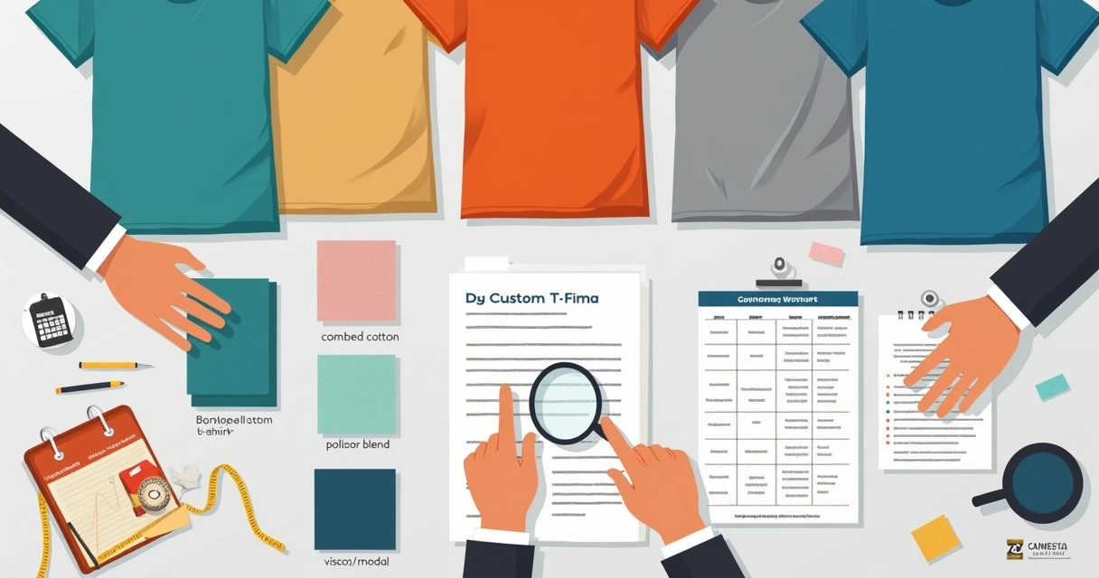 Comparação ilustrada de tipos de tecido para camisetas personalizadas em mesa de amostras coloridas