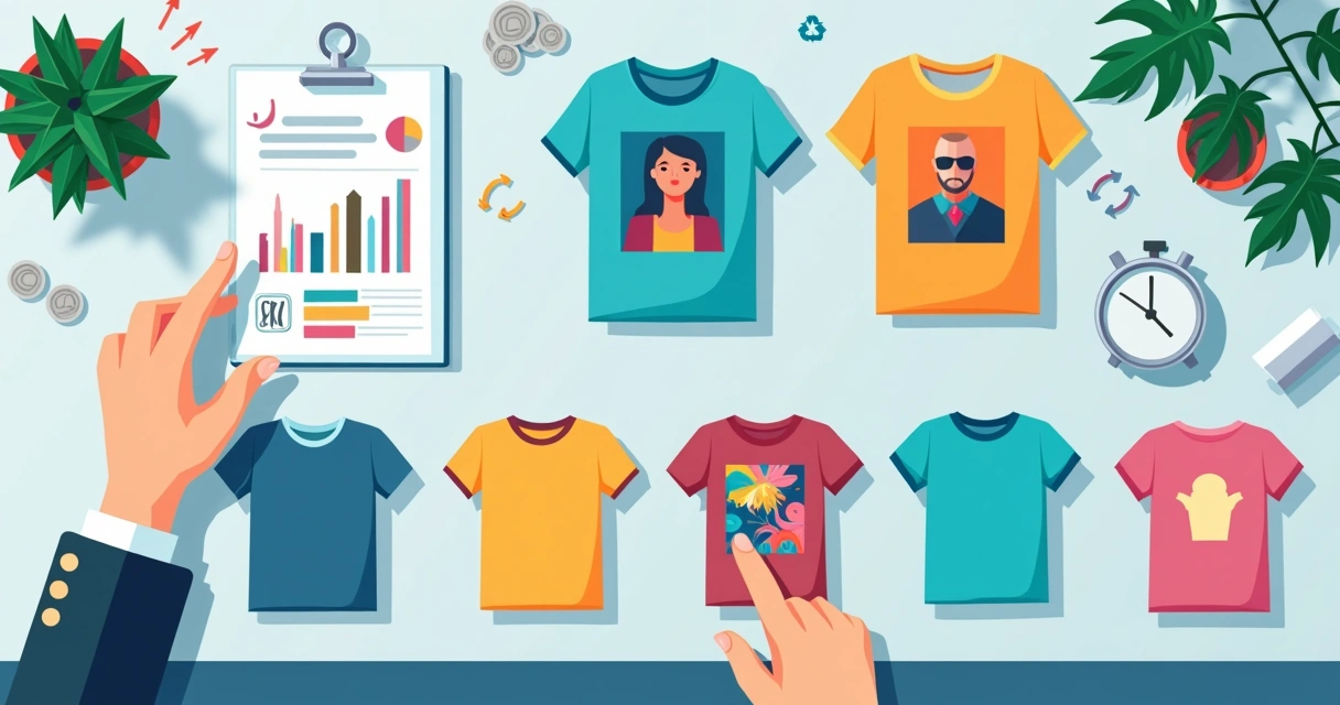 Ilustração comparando técnicas de impressão em tecido com especialista escolhendo a solução ideal