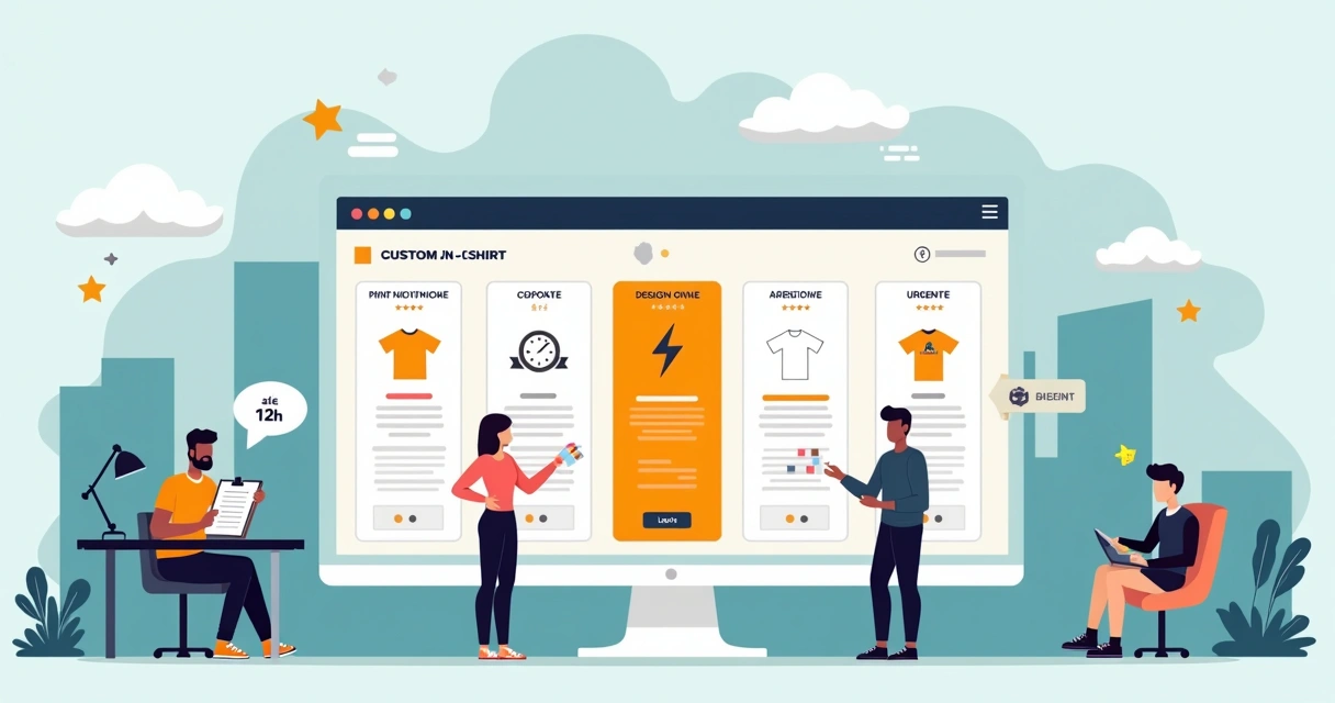 Painel comparativo de sites para criar camisetas personalizadas com destaque para opção mais rápida