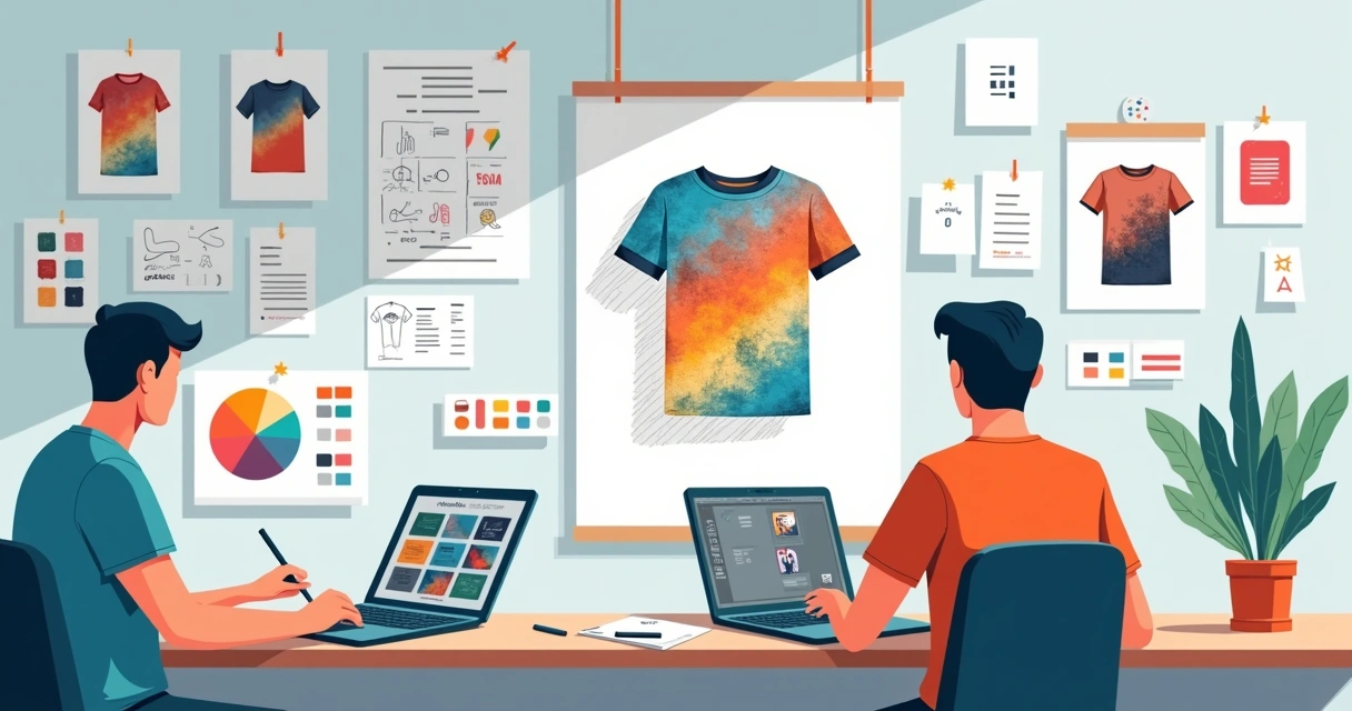 Designer criando estampa exclusiva de camiseta em estação de trabalho colorida