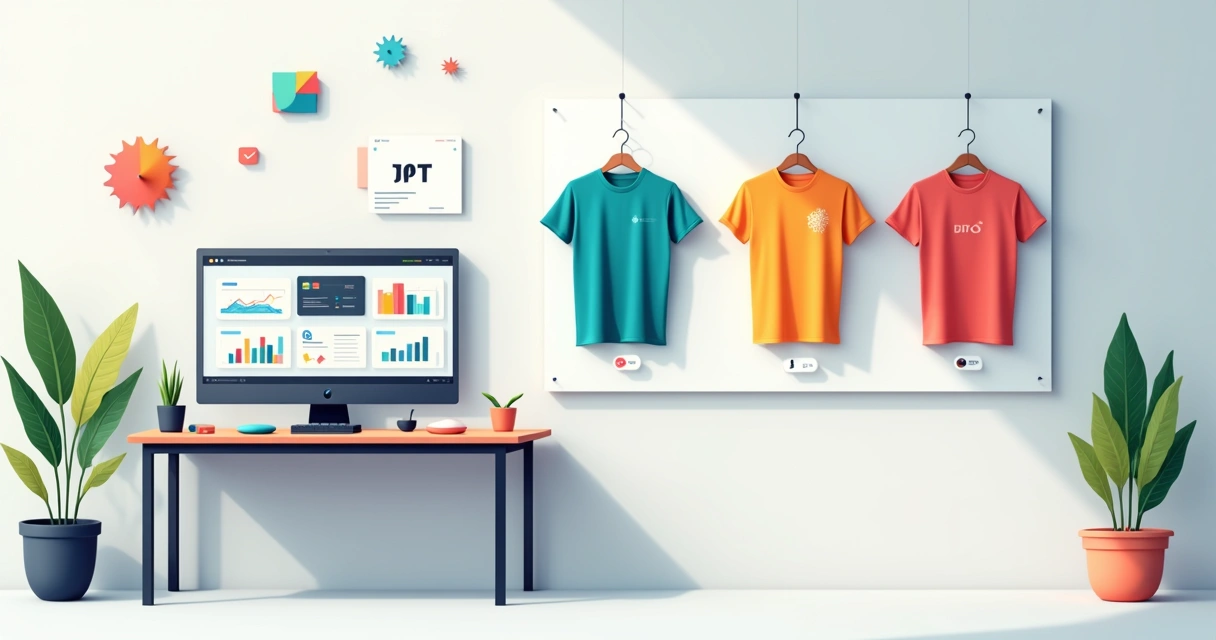 Painel com camisetas estampadas mostrando técnicas modernas de impressão e bordado em 2026