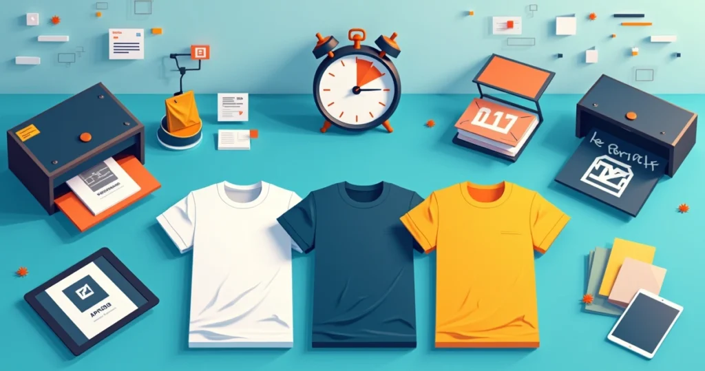Mesa de estamparia com camisetas personalizadas e cronômetro indicando produção rápida