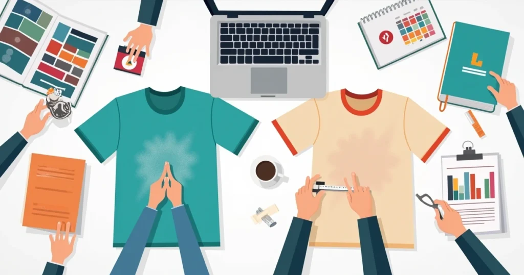 comparação entre camiseta personalizada borrada e outra perfeita em mesa de trabalho