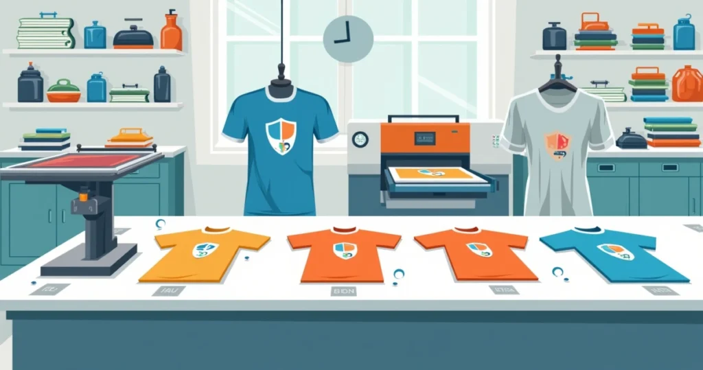 Estações de estamparia mostrando diferentes técnicas de camisetas duráveis
