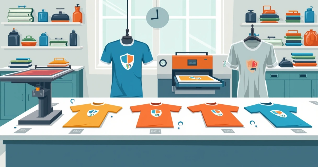 Estações de estamparia mostrando diferentes técnicas de camisetas duráveis