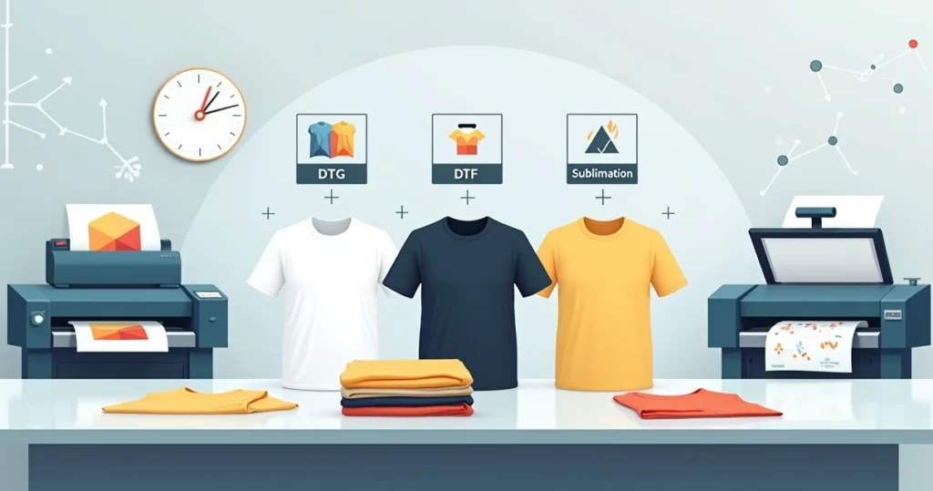 Mesa de produção com camisetas e ícones representando DTG DTF e sublimação