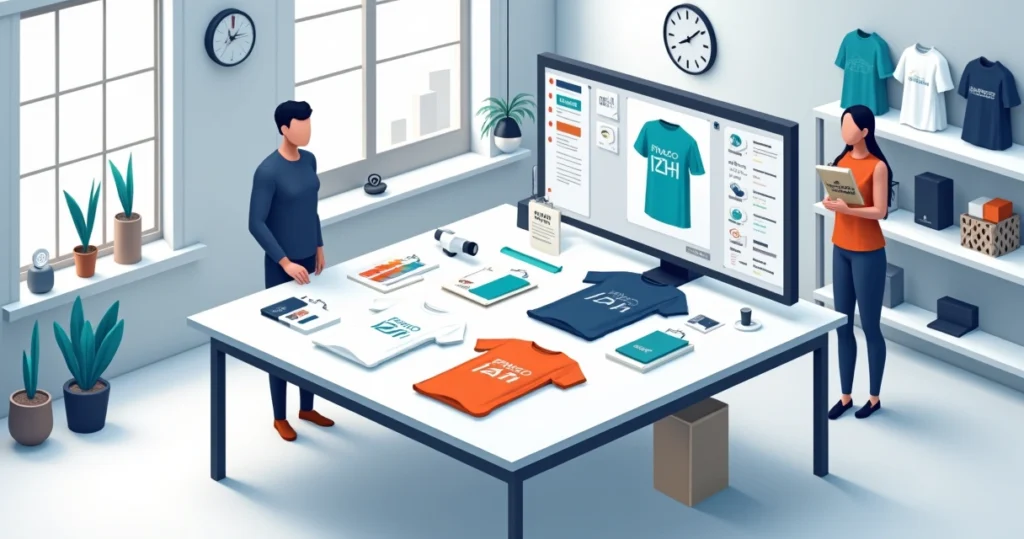 Estúdio de personalização com camisetas corporativas variadas em exposição